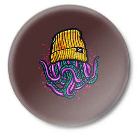 Значок с принтом Octopus(Lil Peep, GBC) в Новосибирске,  металл | круглая форма, металлическая застежка в виде булавки | gbc | lil | peep | rap | rock | бордовый | желтый | зеленый | исполнитель | картинка | надпись на спине | осьминог | редактируемый дизайн | рок | рэп | рэпер | сочный цвет | фиолетовый