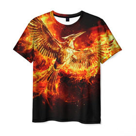 Мужская футболка 3D с принтом Феникс в огне в Новосибирске, 100% полиэфир | прямой крой, круглый вырез горловины, длина до линии бедер | fire | flame | phoenix | крылья | огонь | перья | пламя | птица | феникс