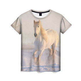 Женская футболка 3D с принтом Белая лошадь на снегу в Новосибирске, 100% полиэфир ( синтетическое хлопкоподобное полотно) | прямой крой, круглый вырез горловины, длина до линии бедер | белая | белый | декабрь | животное | животные | звери | зверь | зима | зимний | зимой | кони | конь | копытные | копытный | лошади | лошадь | снег | снега | снегу | снежный | февраль | январь