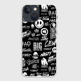 Чехол для iPhone 13 mini с принтом VAPE LOGOBOMBING в Новосибирске,  |  | bad | baddrip | bombing | cloud | coil | drip | logo | smoke | vape | wape | бак | бэд дрип | вейп | вейпер | вейпинг | вэйп | дрипка | дым | койл | культура | лого | логотип | мод | облако | пар | хипстер