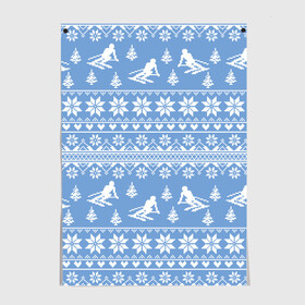 Постер с принтом Вязаный свитер с лыжниками в Новосибирске, 100% бумага
 | бумага, плотность 150 мг. Матовая, но за счет высокого коэффициента гладкости имеет небольшой блеск и дает на свету блики, но в отличии от глянцевой бумаги не покрыта лаком | горы | зима | лыжи | природа | снег | спорт