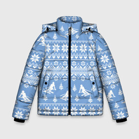 Зимняя куртка для мальчиков 3D с принтом Вязаный свитер с лыжниками в Новосибирске, ткань верха — 100% полиэстер; подклад — 100% полиэстер, утеплитель — 100% полиэстер | длина ниже бедра, удлиненная спинка, воротник стойка и отстегивающийся капюшон. Есть боковые карманы с листочкой на кнопках, утяжки по низу изделия и внутренний карман на молнии. 

Предусмотрены светоотражающий принт на спинке, радужный светоотражающий элемент на пуллере молнии и на резинке для утяжки | горы | зима | лыжи | природа | снег | спорт