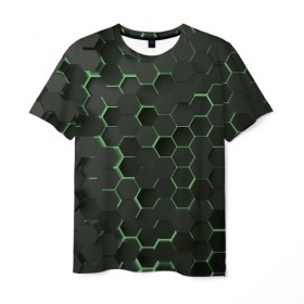 Мужская футболка 3D с принтом 3D соты GREEN в Новосибирске, 100% полиэфир | прямой крой, круглый вырез горловины, длина до линии бедер | 3d | 3d соты | 3д | texture | абстракция | соты | текстура | яркая