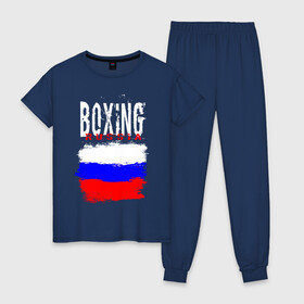 Женская пижама хлопок с принтом Boxing в Новосибирске, 100% хлопок | брюки и футболка прямого кроя, без карманов, на брюках мягкая резинка на поясе и по низу штанин | boxer | boxing | russia team | бокс | боксер | кикбоксинг | россия | сборная россии | тайский бокс