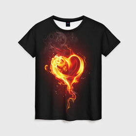 Женская футболка 3D с принтом Огненное сердце в Новосибирске, 100% полиэфир ( синтетическое хлопкоподобное полотно) | прямой крой, круглый вырез горловины, длина до линии бедер | 14 февраля | heart | в подарок | горящее | день святого валентина | для влюбленных | для подарка | огненный | огонь | сердце
