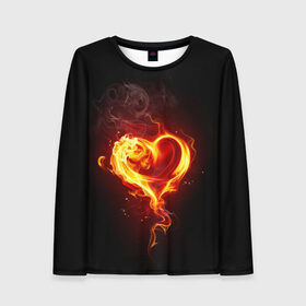 Женский лонгслив 3D с принтом Огненное сердце в Новосибирске, 100% полиэстер | длинные рукава, круглый вырез горловины, полуприлегающий силуэт | Тематика изображения на принте: 14 февраля | heart | в подарок | горящее | день святого валентина | для влюбленных | для подарка | огненный | огонь | сердце