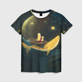 Женская футболка 3D с принтом Девушка и кит в облаках в Новосибирске, 100% полиэфир ( синтетическое хлопкоподобное полотно) | прямой крой, круглый вырез горловины, длина до линии бедер | вечер | волшебство | девочка | звезды | иллюстрация | кит | космос | магия | небо | ночь | облака | планета
