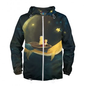 Мужская ветровка 3D с принтом Девушка и кит в облаках в Новосибирске, 100% полиэстер | подол и капюшон оформлены резинкой с фиксаторами, два кармана без застежек по бокам, один потайной карман на груди | вечер | волшебство | девочка | звезды | иллюстрация | кит | космос | магия | небо | ночь | облака | планета