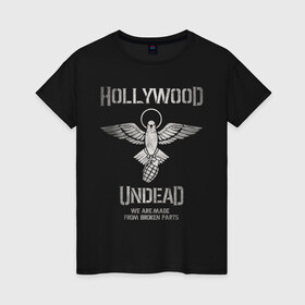 Женская футболка хлопок с принтом Hollywood Undead в Новосибирске, 100% хлопок | прямой крой, круглый вырез горловины, длина до линии бедер, слегка спущенное плечо | charlie scene | danny | funny man | hollywood undead | hu | j dog | johnny 3 tears | голливудская нежить | голубь | голубь с гранатой | граната | ню метал | рэп метал | рэп рок