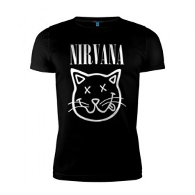 Мужская футболка премиум с принтом NIRVANA в Новосибирске, 92% хлопок, 8% лайкра | приталенный силуэт, круглый вырез ворота, длина до линии бедра, короткий рукав | cat | kitty | nirvana | smile | кот | курт кобейн | нирвана | смайл