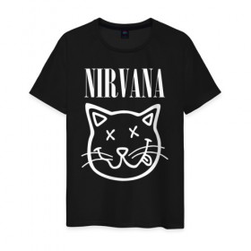Мужская футболка хлопок с принтом NIRVANA в Новосибирске, 100% хлопок | прямой крой, круглый вырез горловины, длина до линии бедер, слегка спущенное плечо. | cat | kitty | nirvana | smile | кот | курт кобейн | нирвана | смайл