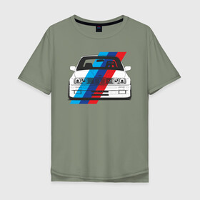 Мужская футболка хлопок Oversize с принтом BMW M3 (E30) (M флаг) в Новосибирске, 100% хлопок | свободный крой, круглый ворот, “спинка” длиннее передней части | Тематика изображения на принте: bmw | bmw m3 | bmw m3 e30 | e30 | m3 | бмв | бмв м3 | м3