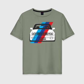 Женская футболка хлопок Oversize с принтом BMW M3 (E30) (M флаг) в Новосибирске, 100% хлопок | свободный крой, круглый ворот, спущенный рукав, длина до линии бедер
 | bmw | bmw m3 | bmw m3 e30 | e30 | m3 | бмв | бмв м3 | м3