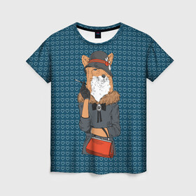 Женская футболка 3D с принтом Модница лиса в Новосибирске, 100% полиэфир ( синтетическое хлопкоподобное полотно) | прямой крой, круглый вырез горловины, длина до линии бедер | fox | foxy | животное | зима | лис | лиса | лисенок | лисы | милая | пальто | пушистая | пушистик | рыжая