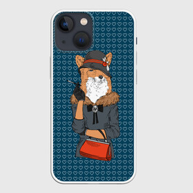Чехол для iPhone 13 mini с принтом Модница лиса в Новосибирске,  |  | Тематика изображения на принте: fox | foxy | животное | зима | лис | лиса | лисенок | лисы | милая | пальто | пушистая | пушистик | рыжая