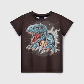 Детская футболка 3D с принтом T-Rex в Новосибирске, 100% гипоаллергенный полиэфир | прямой крой, круглый вырез горловины, длина до линии бедер, чуть спущенное плечо, ткань немного тянется | art | dino | dinos | dinosaur | raptor | style | trex | velociraptor | арт | динозавр | мир юрского периода | ти рекс | ящер