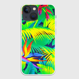 Чехол для iPhone 13 mini с принтом ТРОПИКИ в Новосибирске,  |  | bright | colorful | neon | retro | vintage | винтаж | неон | неоновые | пальмы | ретро | ретро неон | тропики | тропические листья