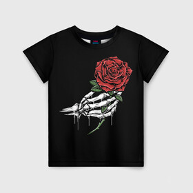 Детская футболка 3D с принтом Рука скелета с розой в Новосибирске, 100% гипоаллергенный полиэфир | прямой крой, круглый вырез горловины, длина до линии бедер, чуть спущенное плечо, ткань немного тянется | core | hand | hardcore | skeleton | tatoo | роза | романтика | рука | скелет | тату | цветок | черный фон