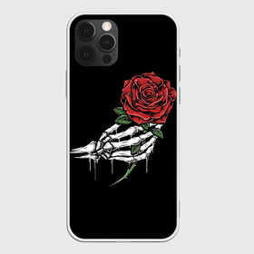 Чехол для iPhone 12 Pro с принтом Рука скелета с розой в Новосибирске, силикон | область печати: задняя сторона чехла, без боковых панелей | core | hand | hardcore | skeleton | tatoo | роза | романтика | рука | скелет | тату | цветок | черный фон