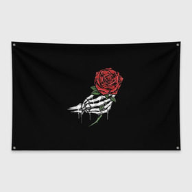 Флаг-баннер с принтом Рука скелета с розой в Новосибирске, 100% полиэстер | размер 67 х 109 см, плотность ткани — 95 г/м2; по краям флага есть четыре люверса для крепления | core | hand | hardcore | skeleton | tatoo | роза | романтика | рука | скелет | тату | цветок | черный фон