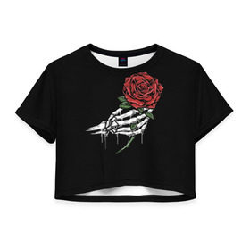 Женская футболка Cropp-top с принтом Рука скелета с розой в Новосибирске, 100% полиэстер | круглая горловина, длина футболки до линии талии, рукава с отворотами | core | hand | hardcore | skeleton | tatoo | роза | романтика | рука | скелет | тату | цветок | черный фон