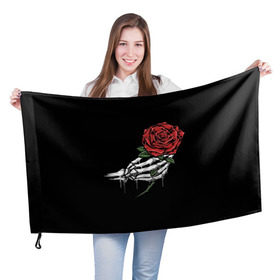 Флаг 3D с принтом Рука скелета с розой в Новосибирске, 100% полиэстер | плотность ткани — 95 г/м2, размер — 67 х 109 см. Принт наносится с одной стороны | core | hand | hardcore | skeleton | tatoo | роза | романтика | рука | скелет | тату | цветок | черный фон