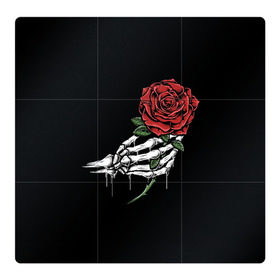 Магнитный плакат 3Х3 с принтом Рука скелета с розой в Новосибирске, Полимерный материал с магнитным слоем | 9 деталей размером 9*9 см | core | hand | hardcore | skeleton | tatoo | роза | романтика | рука | скелет | тату | цветок | черный фон