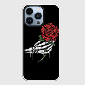 Чехол для iPhone 13 Pro с принтом Рука скелета с розой в Новосибирске,  |  | core | hand | hardcore | skeleton | tatoo | роза | романтика | рука | скелет | тату | цветок | черный фон