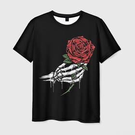 Мужская футболка 3D с принтом Рука скелета с розой в Новосибирске, 100% полиэфир | прямой крой, круглый вырез горловины, длина до линии бедер | core | hand | hardcore | skeleton | tatoo | роза | романтика | рука | скелет | тату | цветок | черный фон