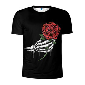 Мужская футболка 3D спортивная с принтом Рука скелета с розой в Новосибирске, 100% полиэстер с улучшенными характеристиками | приталенный силуэт, круглая горловина, широкие плечи, сужается к линии бедра | Тематика изображения на принте: core | hand | hardcore | skeleton | tatoo | роза | романтика | рука | скелет | тату | цветок | черный фон