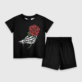 Детский костюм с шортами 3D с принтом Рука скелета с розой в Новосибирске,  |  | core | hand | hardcore | skeleton | tatoo | роза | романтика | рука | скелет | тату | цветок | черный фон