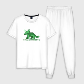 Мужская пижама хлопок с принтом Трицератопс в Новосибирске, 100% хлопок | брюки и футболка прямого кроя, без карманов, на брюках мягкая резинка на поясе и по низу штанин
 | динозавр | пиксельный динозавр | пиксельный рисунок | трицератопс