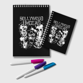 Блокнот с принтом Hollywood Undead в Новосибирске, 100% бумага | 48 листов, плотность листов — 60 г/м2, плотность картонной обложки — 250 г/м2. Листы скреплены удобной пружинной спиралью. Цвет линий — светло-серый
 | Тематика изображения на принте: charlie scene | danny | funny man | hollywood undead | hu | j dog | johnny 3 tears | голливудская нежить | голубь | голубь с гранатой | граната | ню метал | рэп метал | рэп рок