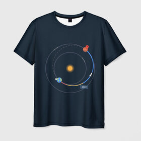 Мужская футболка 3D с принтом Земля - Марс в Новосибирске, 100% полиэфир | прямой крой, круглый вырез горловины, длина до линии бедер | 2022 | cat | elon | galaxy | mars | moon | musk | nasa | space | spacex | tesla | вселенная | галактика | звезды | илон | космонавт | космос | луна | марс | маск | наса | скафандр | тесла