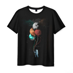 Мужская футболка 3D с принтом Космонавт с шариками в Новосибирске, 100% полиэфир | прямой крой, круглый вырез горловины, длина до линии бедер | cat | elon | galaxy | mars | moon | musk | nasa | space | spacex | вселенная | галактика | звезды | илон | космонавт | космос | луна | марс | маск | наса | скафандр