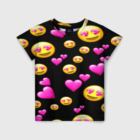Детская футболка 3D с принтом ВЛЮБЛЕННЫЕ СМАЙЛИКИ в Новосибирске, 100% гипоаллергенный полиэфир | прямой крой, круглый вырез горловины, длина до линии бедер, чуть спущенное плечо, ткань немного тянется | emoji | настроение | позитив | смайлики | смайлы | стикеры | текстура смайл | улыбки | фон смайл | эмодзи