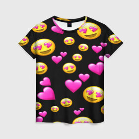 Женская футболка 3D с принтом ВЛЮБЛЕННЫЕ СМАЙЛИКИ в Новосибирске, 100% полиэфир ( синтетическое хлопкоподобное полотно) | прямой крой, круглый вырез горловины, длина до линии бедер | emoji | настроение | позитив | смайлики | смайлы | стикеры | текстура смайл | улыбки | фон смайл | эмодзи