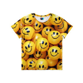 Детская футболка 3D с принтом ЖЕЛТЫЕ СМАЙЛИКИ в Новосибирске, 100% гипоаллергенный полиэфир | прямой крой, круглый вырез горловины, длина до линии бедер, чуть спущенное плечо, ткань немного тянется | emoji | настроение | позитив | смайлики | смайлы | стикеры | текстура смайл | улыбки | фон смайл | эмодзи