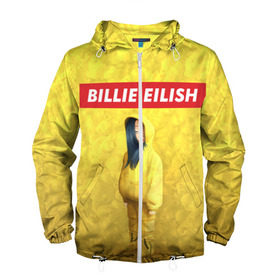 Мужская ветровка 3D с принтом BILLIE EILISH Yellow в Новосибирске, 100% полиэстер | подол и капюшон оформлены резинкой с фиксаторами, два кармана без застежек по бокам, один потайной карман на груди | Тематика изображения на принте: 