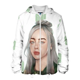 Мужская куртка 3D с принтом BILLIE EILISH в Новосибирске, ткань верха — 100% полиэстер, подклад — флис | прямой крой, подол и капюшон оформлены резинкой с фиксаторами, два кармана без застежек по бокам, один большой потайной карман на груди. Карман на груди застегивается на липучку | Тематика изображения на принте: bad guy | billie | eilish | ocean eyes | айлиш | билли | девушка | певица | эйлиш