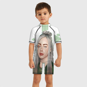 Детский купальный костюм 3D с принтом BILLIE EILISH в Новосибирске, Полиэстер 85%, Спандекс 15% | застежка на молнии на спине | bad guy | billie | eilish | ocean eyes | айлиш | билли | девушка | певица | эйлиш