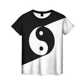 Женская футболка 3D с принтом Инь - янь (#1) в Новосибирске, 100% полиэфир ( синтетическое хлопкоподобное полотно) | прямой крой, круглый вырез горловины, длина до линии бедер | Тематика изображения на принте: black | signs | white. | ying   yang | белый | знаки | инь   янь | чёрный