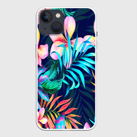 Чехол для iPhone 13 с принтом TROPIC FLOWER в Новосибирске,  |  | bright | colorful | neon | retro | vintage | винтаж | неон | неоновые | пальмы | ретро | ретро неон | тропики | тропические листья