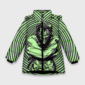 Зимняя куртка для девочек 3D с принтом Joker in a straitjacket в Новосибирске, ткань верха — 100% полиэстер; подклад — 100% полиэстер, утеплитель — 100% полиэстер. | длина ниже бедра, удлиненная спинка, воротник стойка и отстегивающийся капюшон. Есть боковые карманы с листочкой на кнопках, утяжки по низу изделия и внутренний карман на молнии. 

Предусмотрены светоотражающий принт на спинке, радужный светоотражающий элемент на пуллере молнии и на резинке для утяжки. | batman | dc | dc джокер | detective comics | harley | joker | shtatjoker | the joker | бетмен | джокер | злодей | харли