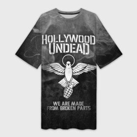 Платье-футболка 3D с принтом Hollywood Undead в Новосибирске,  |  | charlie scene | danny | funny man | hollywood undead | hu | j dog | johnny 3 tears | голливудская нежить | голубь | голубь с гранатой | граната | ню метал | рэп метал | рэп рок