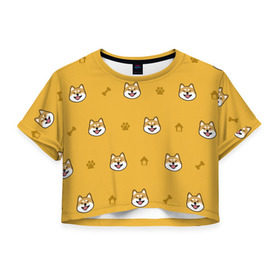 Женская футболка Cropp-top с принтом Сиба-ину. Акита-ину. (Жёлтая) в Новосибирске, 100% полиэстер | круглая горловина, длина футболки до линии талии, рукава с отворотами | сиба ину