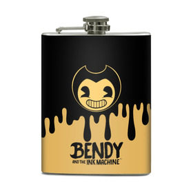 Фляга с принтом Bendy And The Ink Machine в Новосибирске, металлический корпус | емкость 0,22 л, размер 125 х 94 мм. Виниловая наклейка запечатывается полностью | bendy | bendy and the ink machine | бенди | бени | бенни | детская | детям | игра | капли | компьютерная игра | краска | машина | подтеки | розовая | ужастик