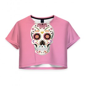 Женская футболка Cropp-top с принтом Day Of The Dead Skull в Новосибирске, 100% полиэстер | круглая горловина, длина футболки до линии талии, рукава с отворотами | halloween | halloweenparty | happy | skull | zombie | в подарок | для девушки | для подарка | женский | зомби | кости | лицо | хеллоуин | хэллоуин | череп