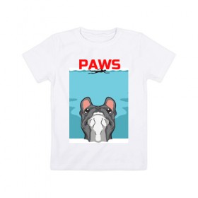 Детская футболка хлопок с принтом PAWS в Новосибирске, 100% хлопок | круглый вырез горловины, полуприлегающий силуэт, длина до линии бедер | animal | bulldog | cute | dog | jaws | paws | pet | pog | sea | swim | бульдог | лапки | лапы | мопс | море | питомец | собака | челюсти
