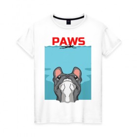 Женская футболка хлопок с принтом PAWS в Новосибирске, 100% хлопок | прямой крой, круглый вырез горловины, длина до линии бедер, слегка спущенное плечо | animal | bulldog | cute | dog | jaws | paws | pet | pog | sea | swim | бульдог | лапки | лапы | мопс | море | питомец | собака | челюсти